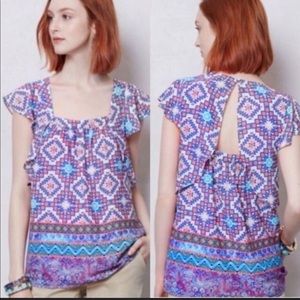 Anthropologie meadow rue top printed pink blue white